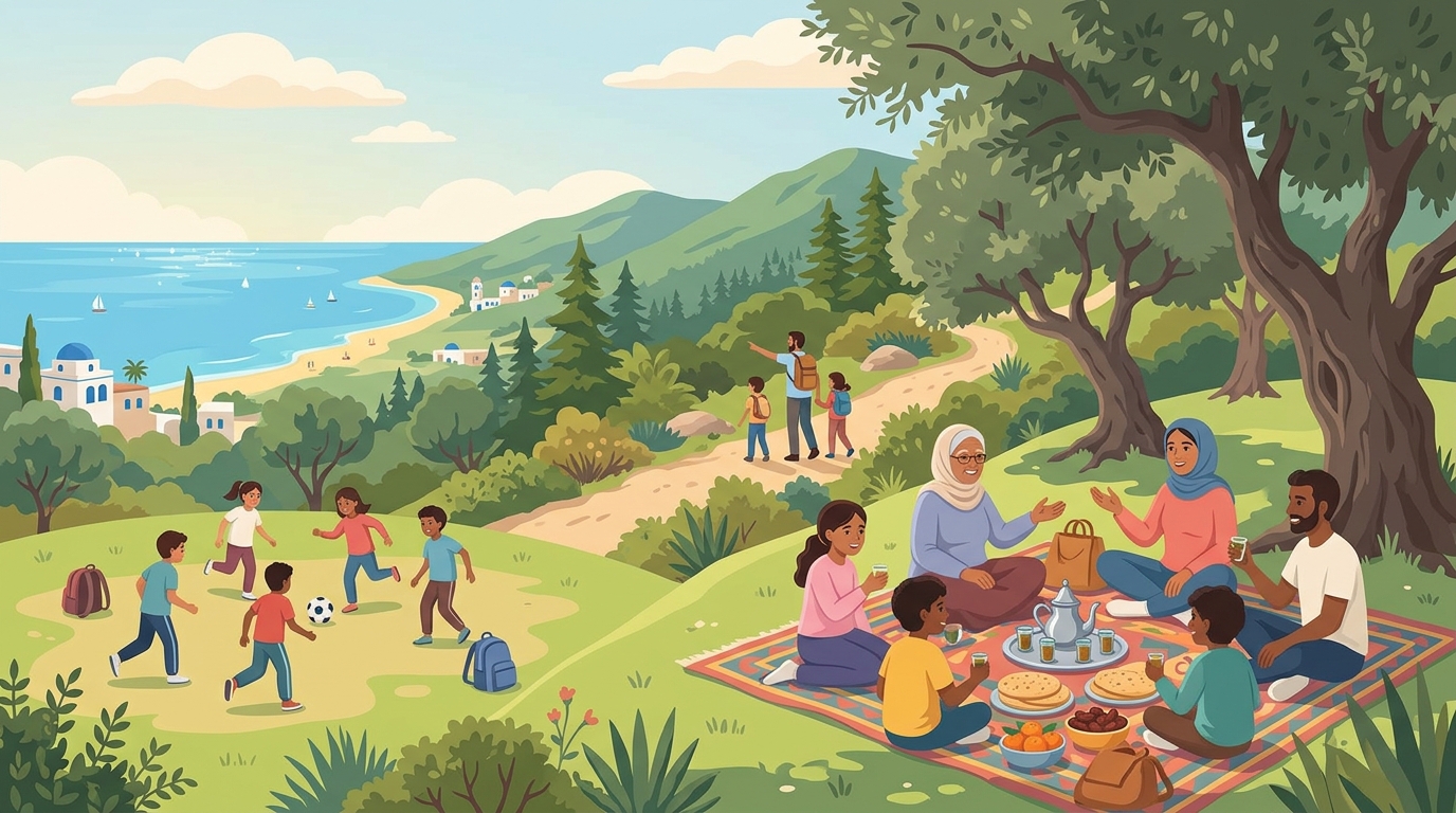 Un week-end en Tunisie : pique-nique en famille sous les oliviers avec du thé à la menthe, enfants qui jouent au foot, randonnée dans les montagnes vertes et la mer au loin